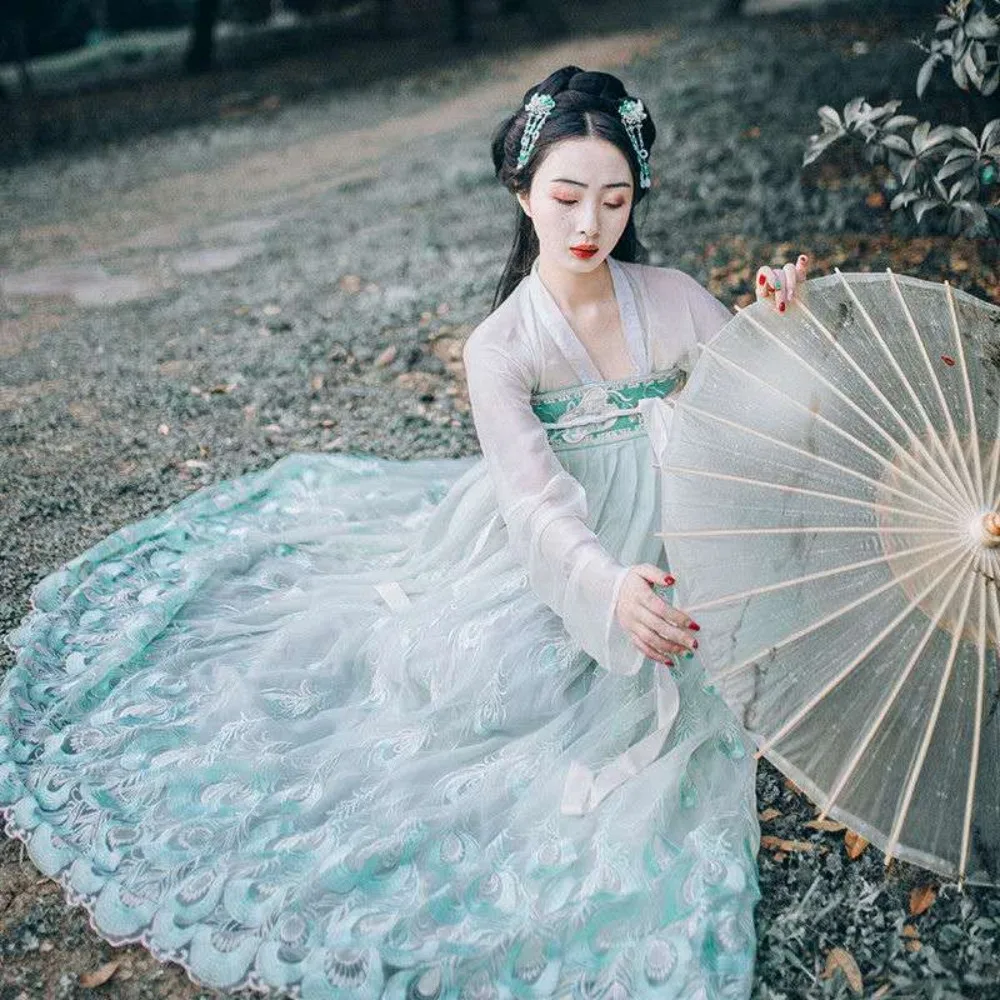 Vestido hanfu estilo chinês feminino, fantasia antiga de fada do pavão, hanfu tradicional para menina, poliéster, halloween