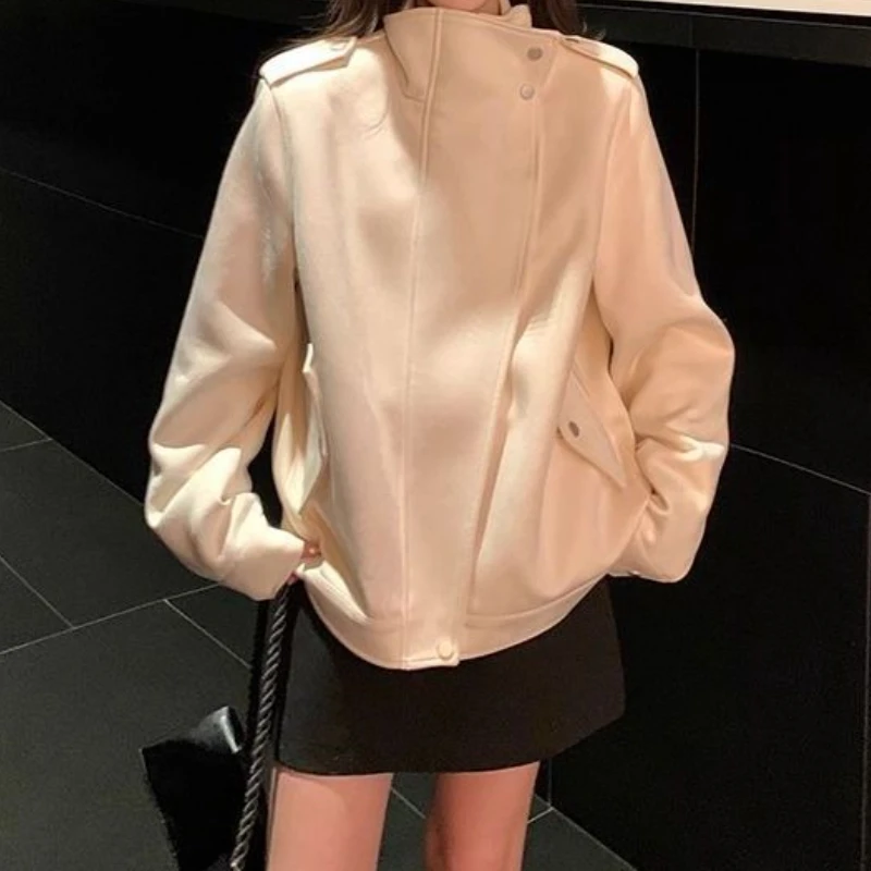 

Women's Off-White Suede Jacket, New Autumn Style, Petite Size, High-End Vintage Stand Collar Coat
