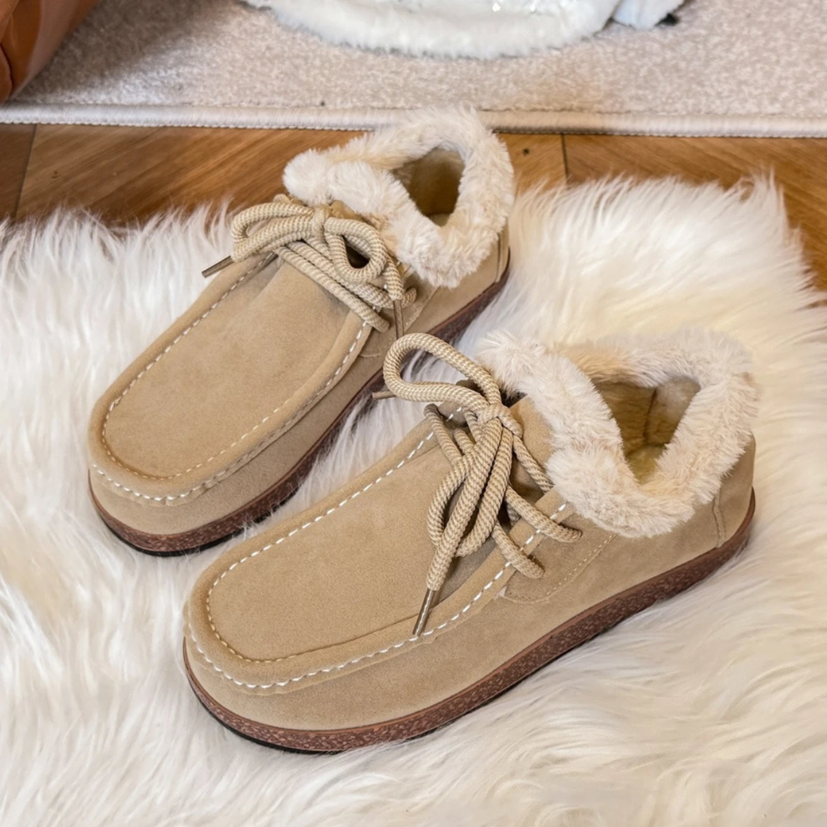 

New Suede Leather Ankle Boots Women Round Toe Thicken Fuzzy Snow Boots Flat Anti-Slip Booties Mujer Non-Slips Female Boot