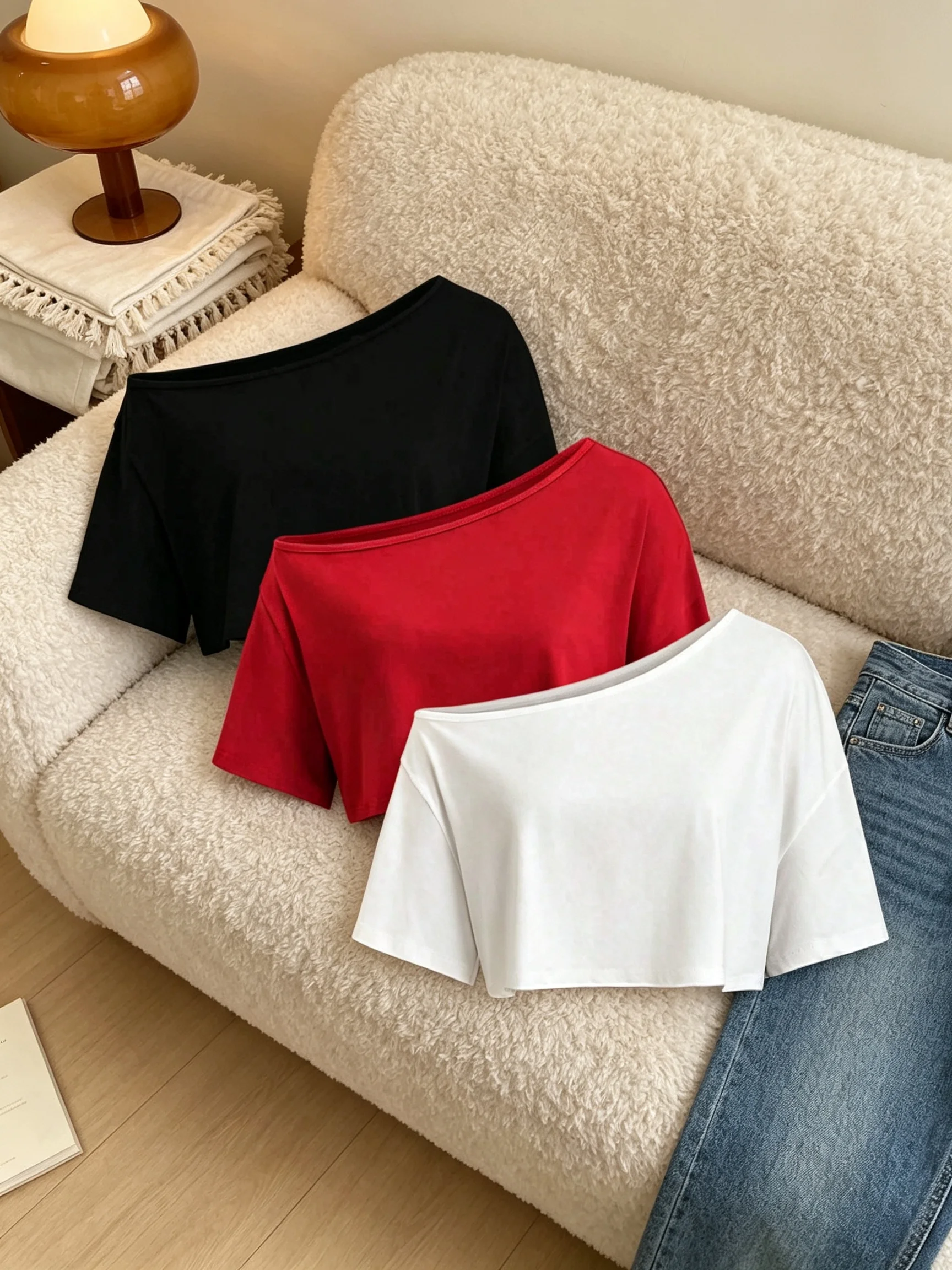 3 Pack Women Off Shoulder Short Sleeve Crop Top Loose Fit Oversized Y2K Sexy Casual Street Basic T-shirt Tee