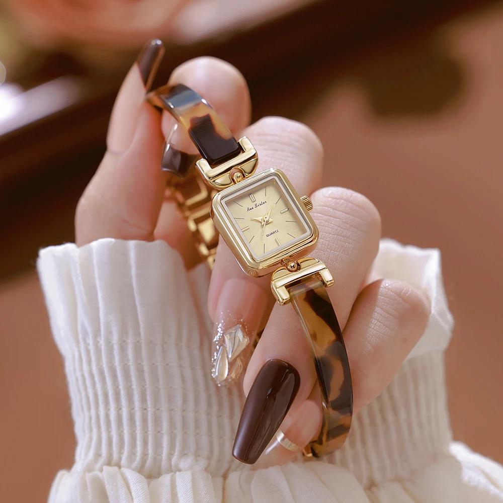 

Женские часы Bee Sister, новинка 2025, роскошные черепаховые янтарные часы для женщин, винтажный браслет, наручные часы, квадратные