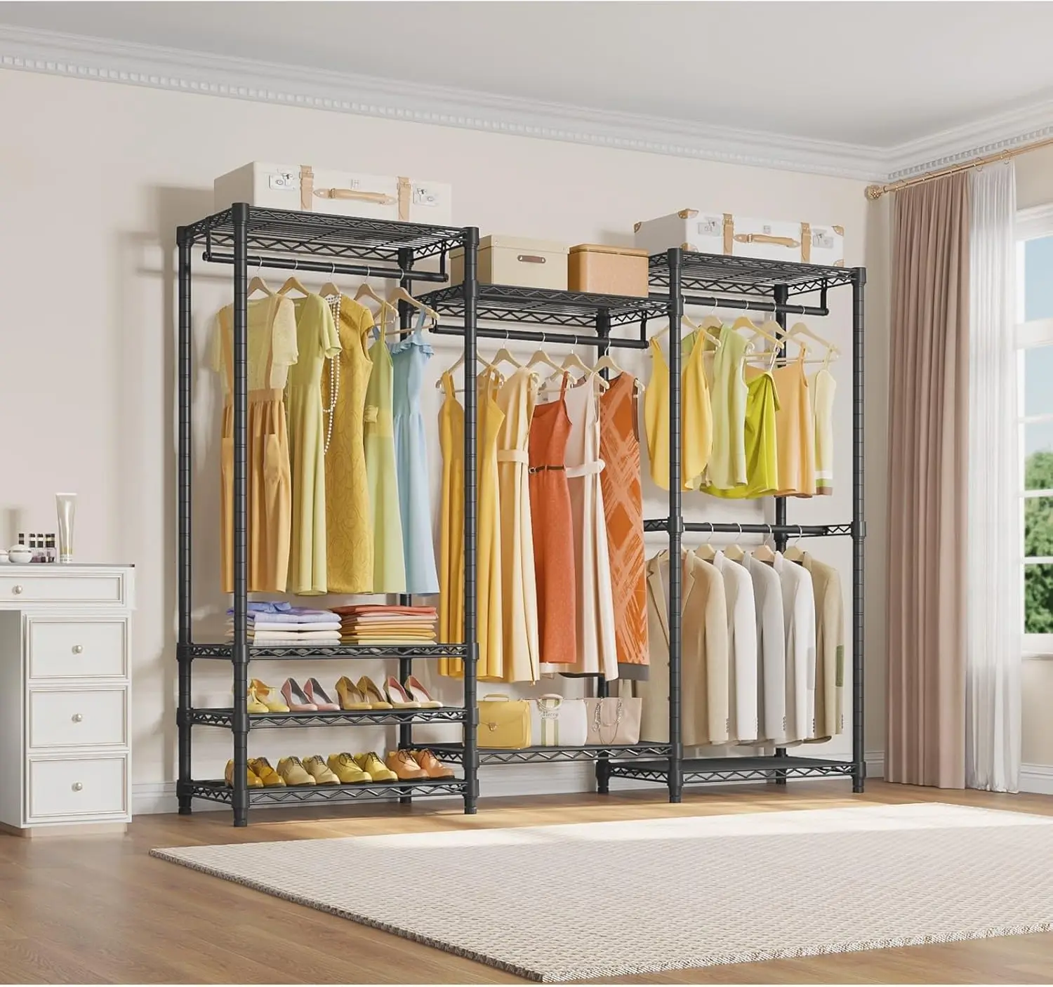 Portable Closet Wardrobe Heavy Duty Clothes Rack, Freestanding Clothing Rack with 4 Hang Rods & 8 Shelves, Adjustable