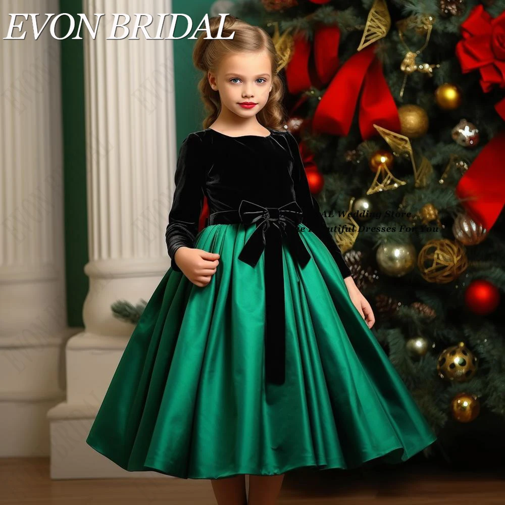 EVON BRIDAL Stitching Color Flower Girls Dress For Party maniche lunghe velluto nero verde abito da spettacolo formale Junior damigella d'onore