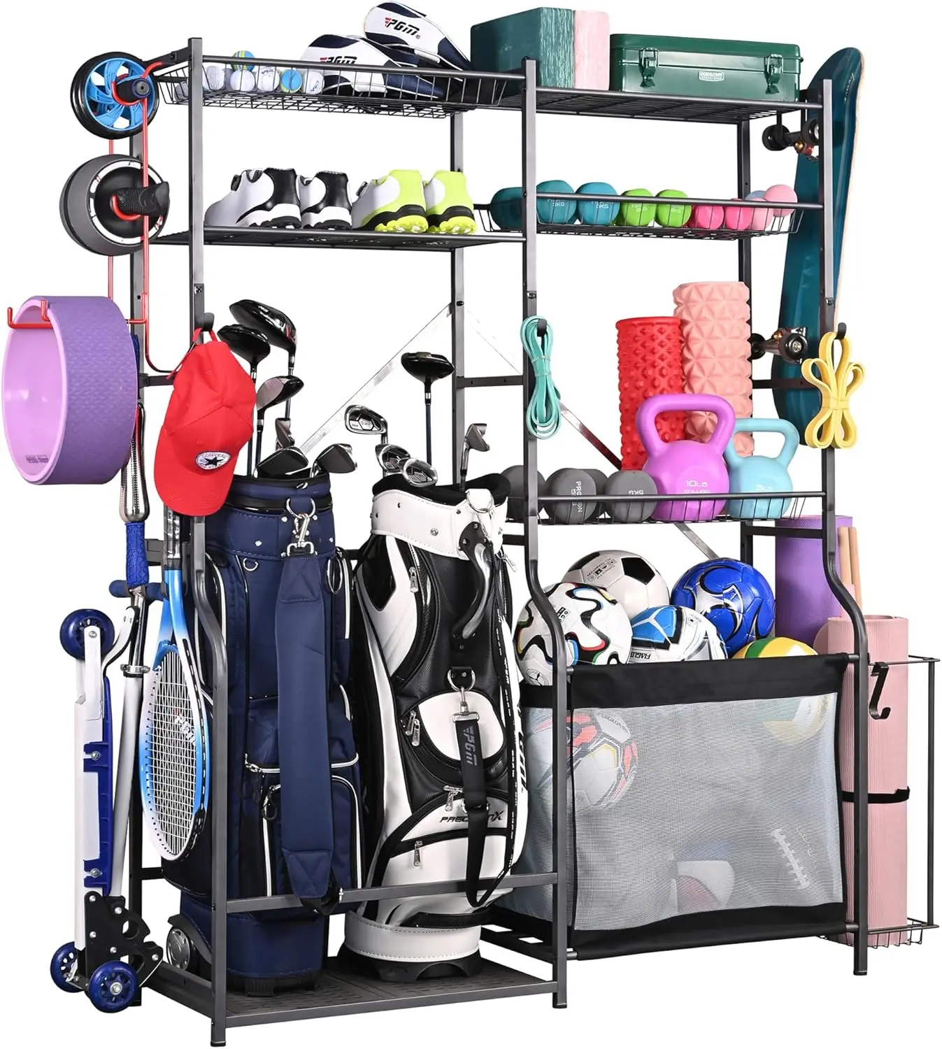 PLKOW Golf Storage Ball Rack Garage 2 Golf Bag Organizer Other Sports Equipment Organizer Garage Extra Large Size