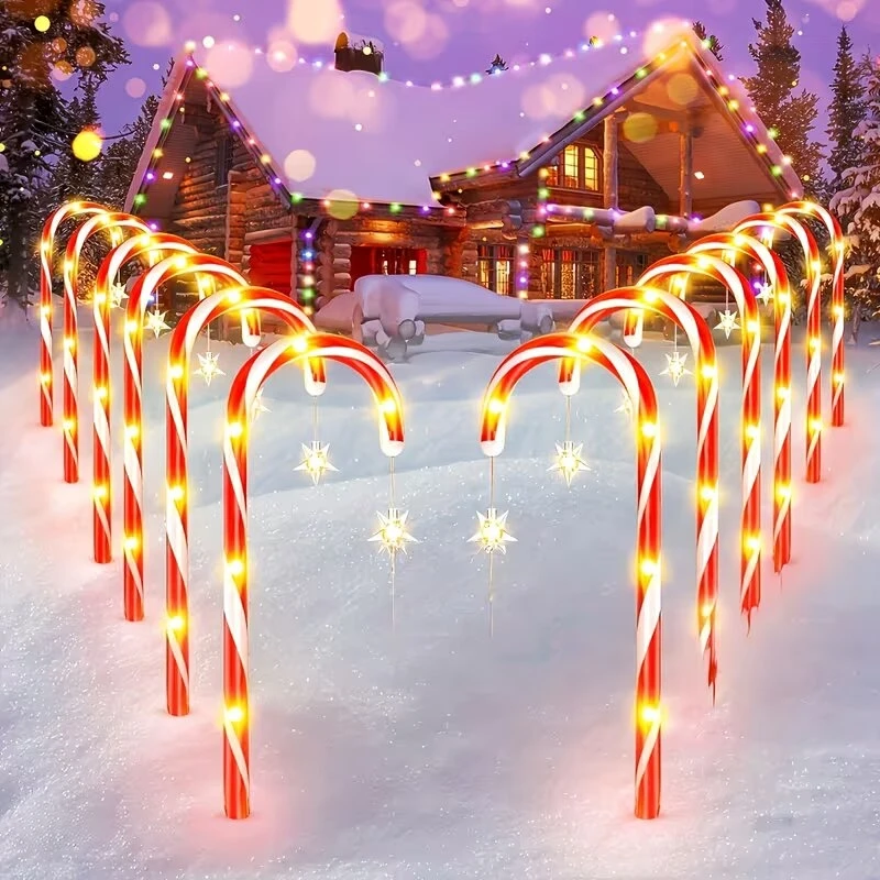 5/8PCs Solar Christmas Candy Cane Lights with Star Outdoor Garden Stake Lights Warm White 8 Modes Yard Lawn Path Holiday Decor