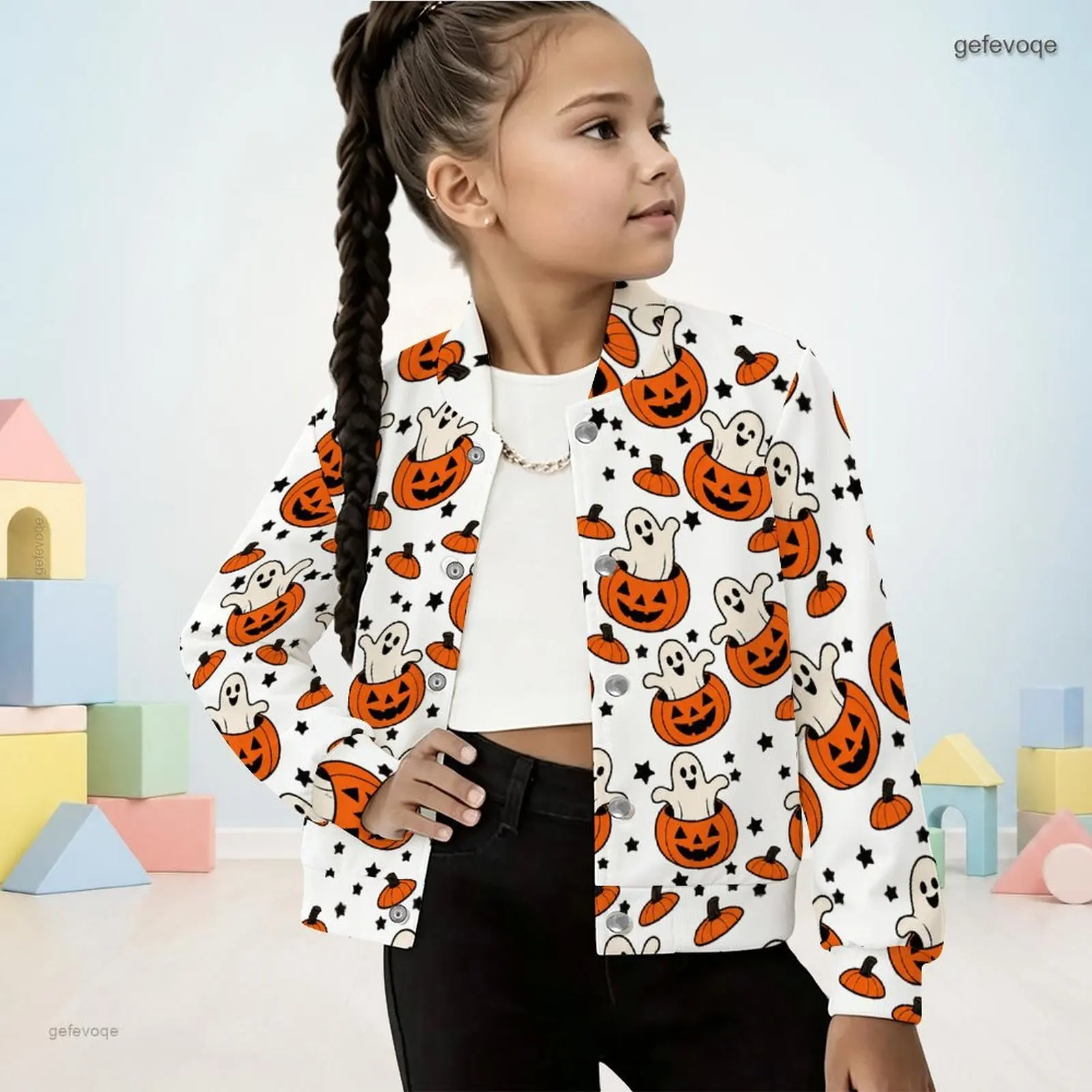 Autumn Graphic Print Girls Button Up Jacket Manin Collar Spooky Kids Clothing Halloween Party Wear