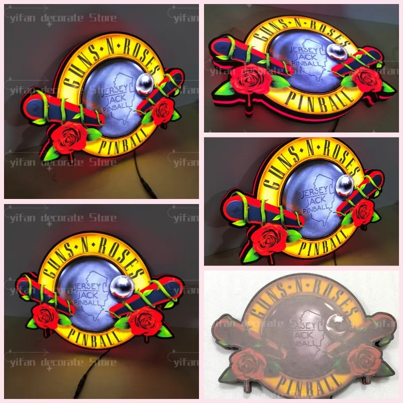 Guns N Roses by Jersey Jack Pinball Logo Lightbox LED Sign for Garage Business Decor Kid Nightlight 3D Print Gift Desktop Light