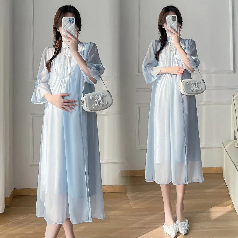 

Pregnant Women's Clothing Spring Dress 2025 Fashionable Loose New Chinese Style Skirt Summer Breathable Maternity Dress LH009