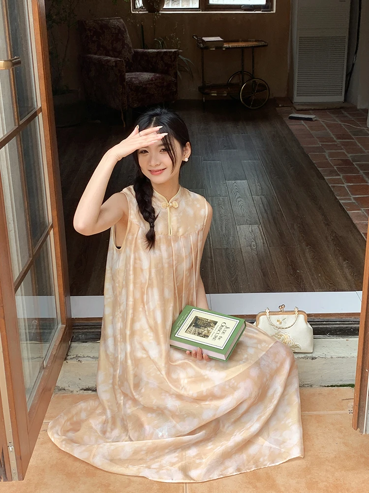 

New Chinese Sle Nelace Dr Women's Loose Slimming Long Dr Summer Season Polyester Fiber Straight Tube Gown