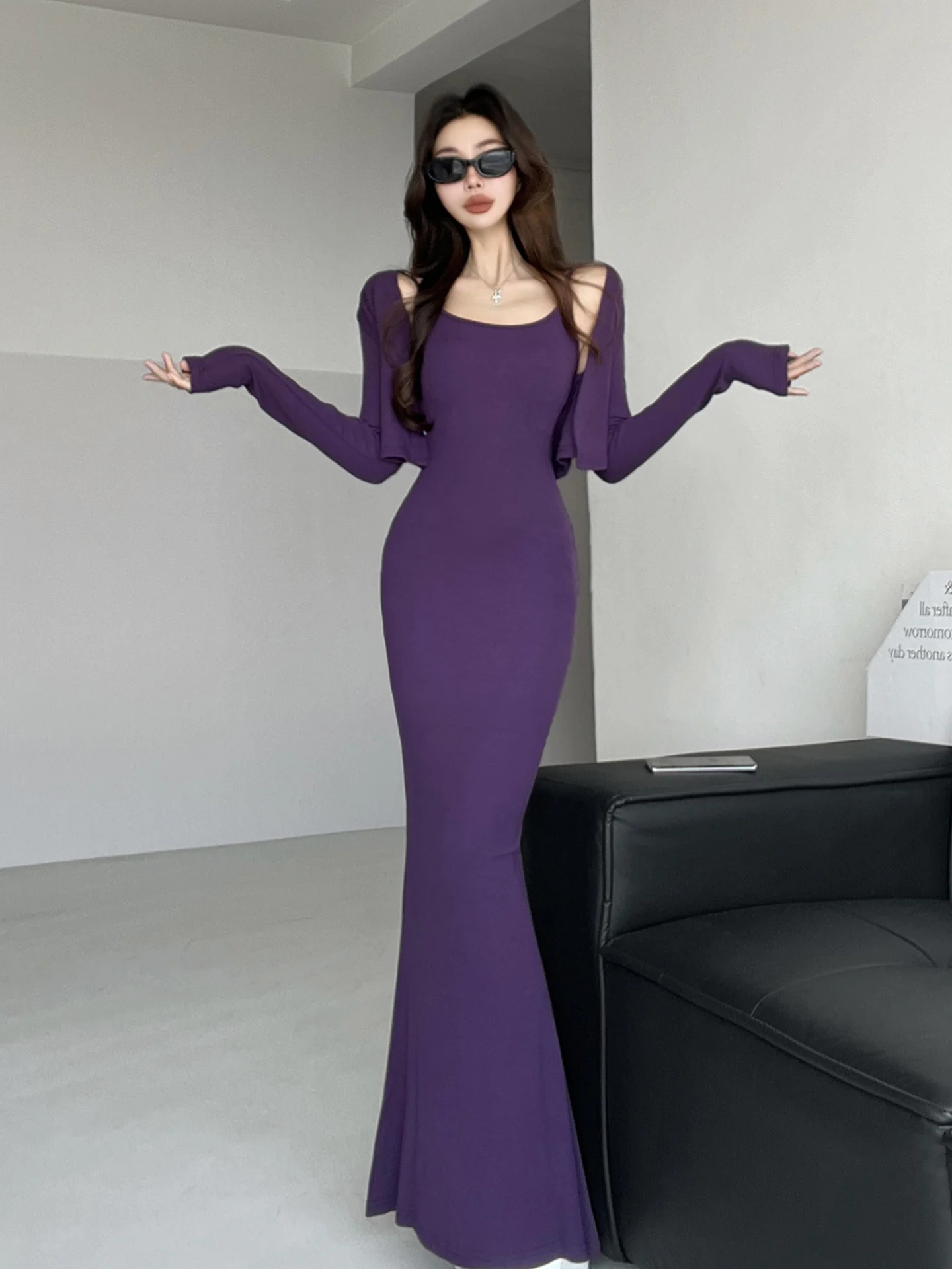 

Сексуальный фиолетовый комплект из двух предметов Pure Desire с ремешком Long Sve Dr, длинная юбка для похудения, юбка из смеси хлопка с высокой талией, юбка с хвостом Fi