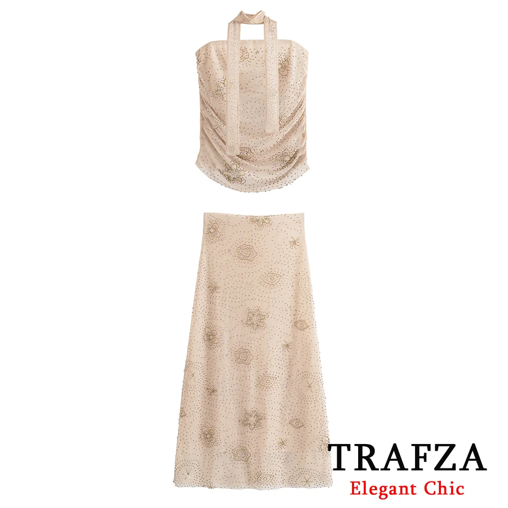 

TRAFZA Sexy Chic Women's Skirt Set Beaded Sequins Scarf Strapless Top Mesh Long Skirt Fashion 2025 Summer Holiday Beach Set