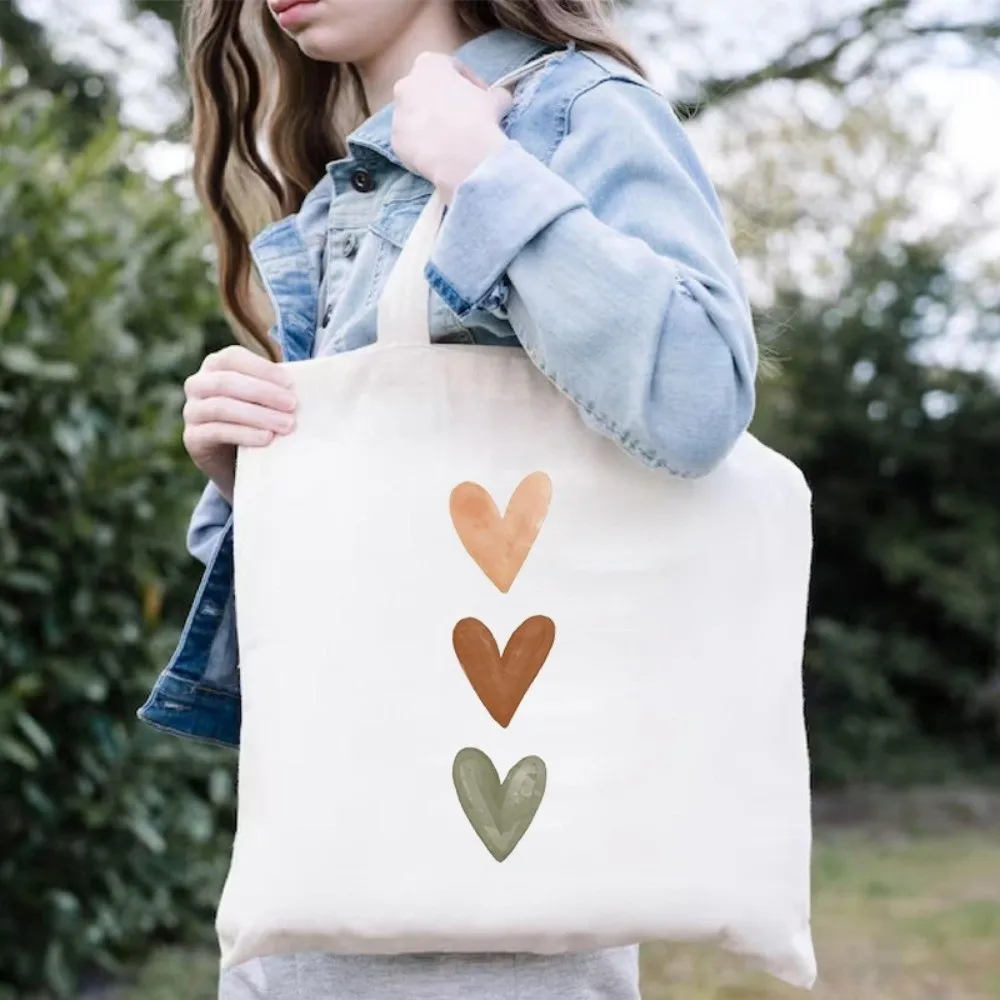 Fashion Watercolor Heart Print Canvas Shoulder Bag Minimalist Large Capacity Tote Bag Harajuku Street Handbags Women's Bag