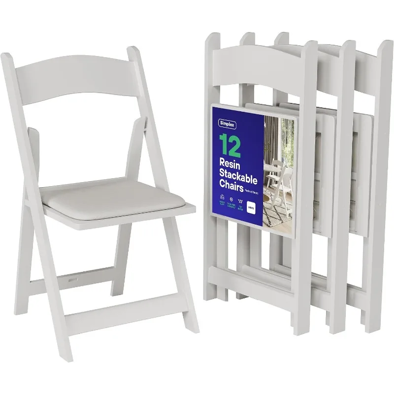 SIMPLEX Resin Folding Chairs, Padded Seat, 800 lb, White, 12 Pack | Rental-grade event chairs with washable vinyl seats