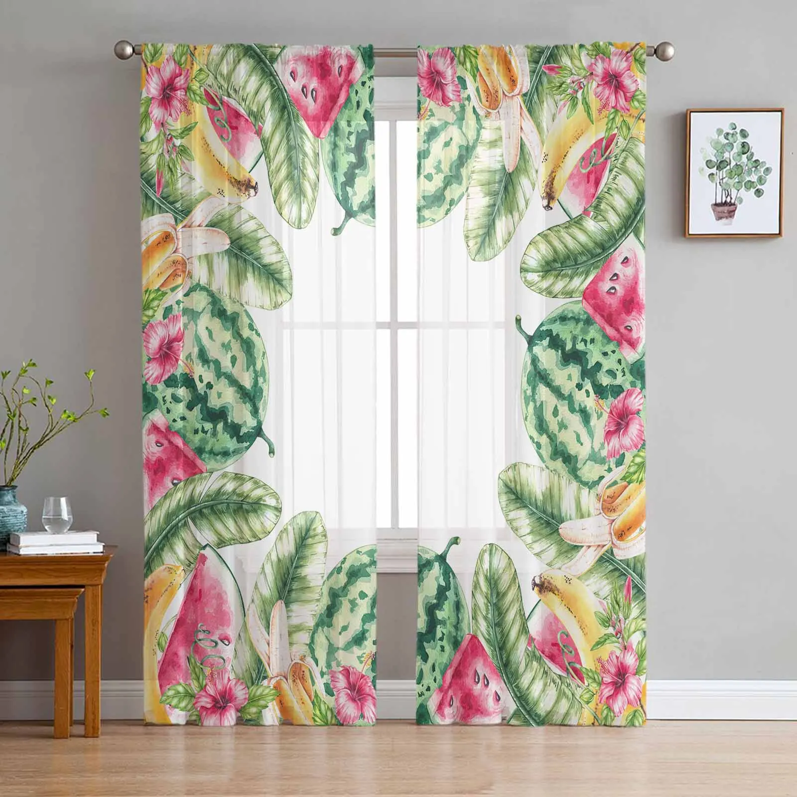 Cortinas transparentes de verano para sala de estar, cortinas de gasa de tul para ventana de cocina, dormitorio, sandía, hoja de plátano, flor