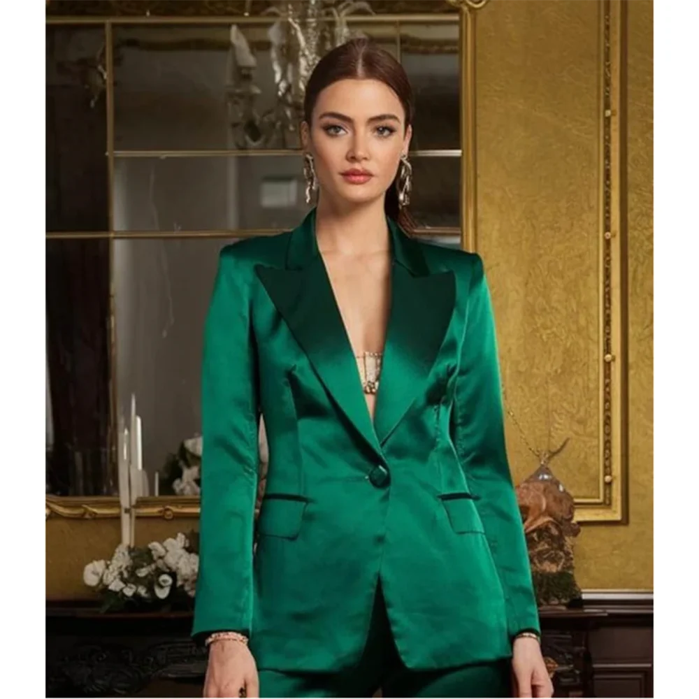 

Fashion Vintage Green Silk Women Suit Single Breasted 2 Piece Jacket Pants Blazer Set Fashion Chic Office Lady Female Clothing