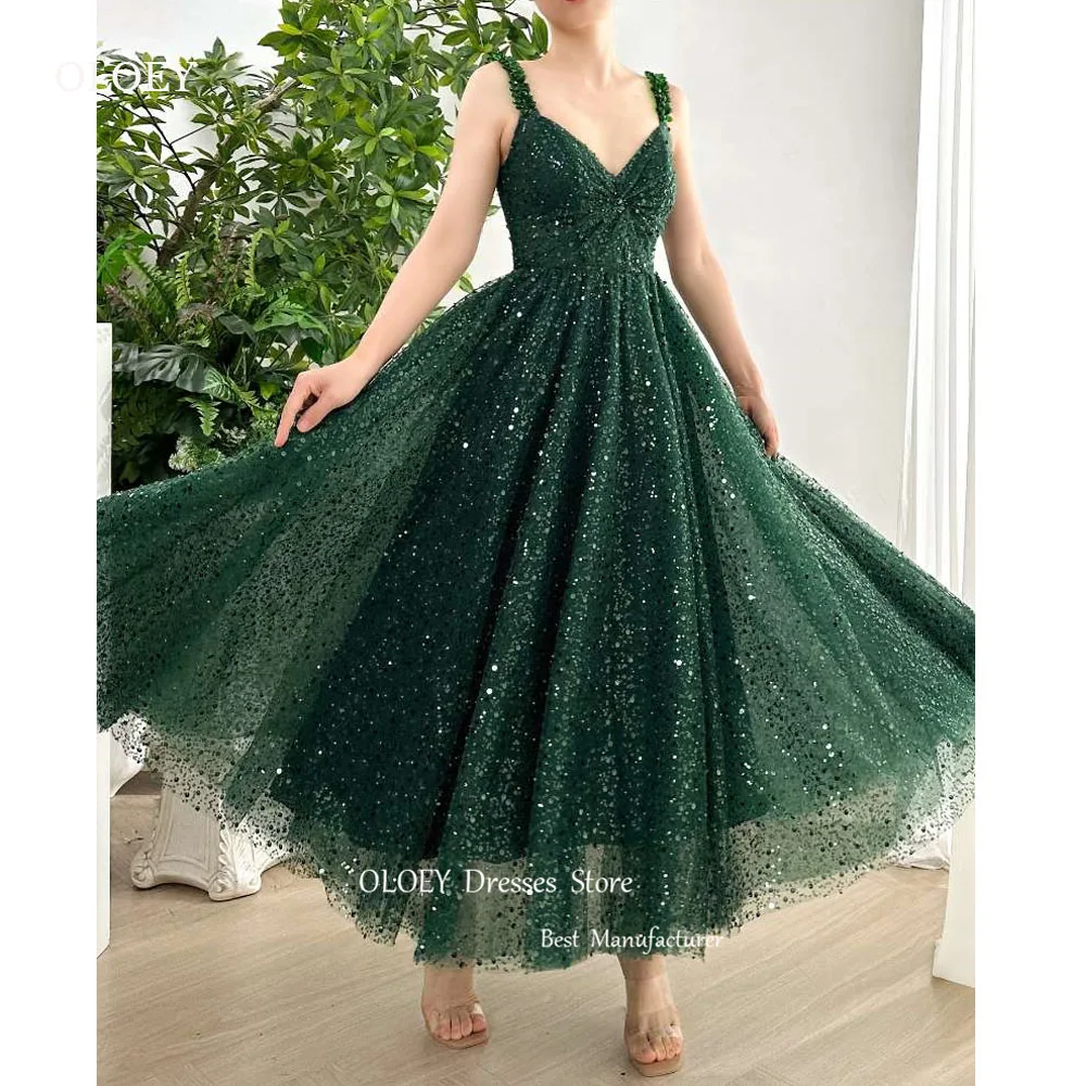 OLOEY Glitter Emerald Green Evening Party Dresses Women Straps Ankle Length Prom Gowns Wedding Party Dress Formal Event