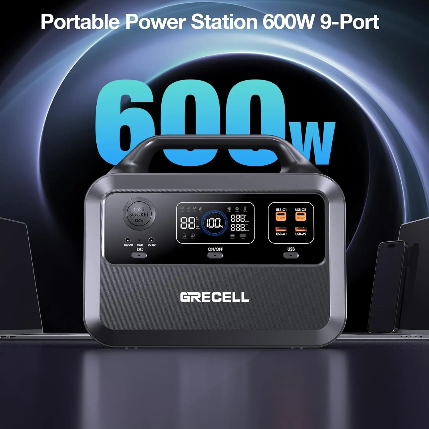 Portable Power Station 600W(Peak 1200W), 460Wh LiFePO4 Battery, 1.5hrs Fast Charging, 110V Pure Sine Wave AC Outlet Backup