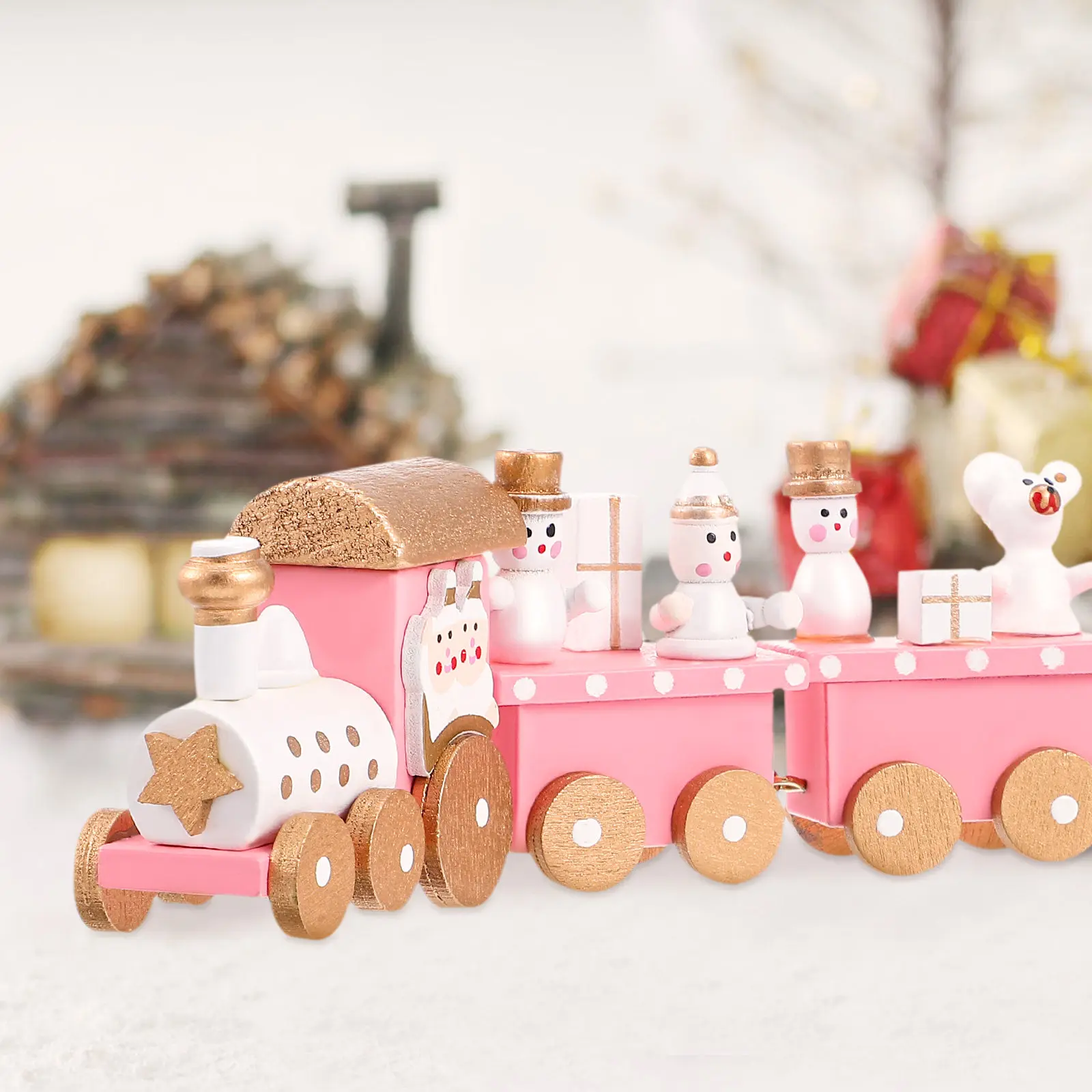 Christmas Train Pink Four Section Wooden Train Decor Tabletop Ornament Playing Xmas Desktop Decoration Desktop Ornaments