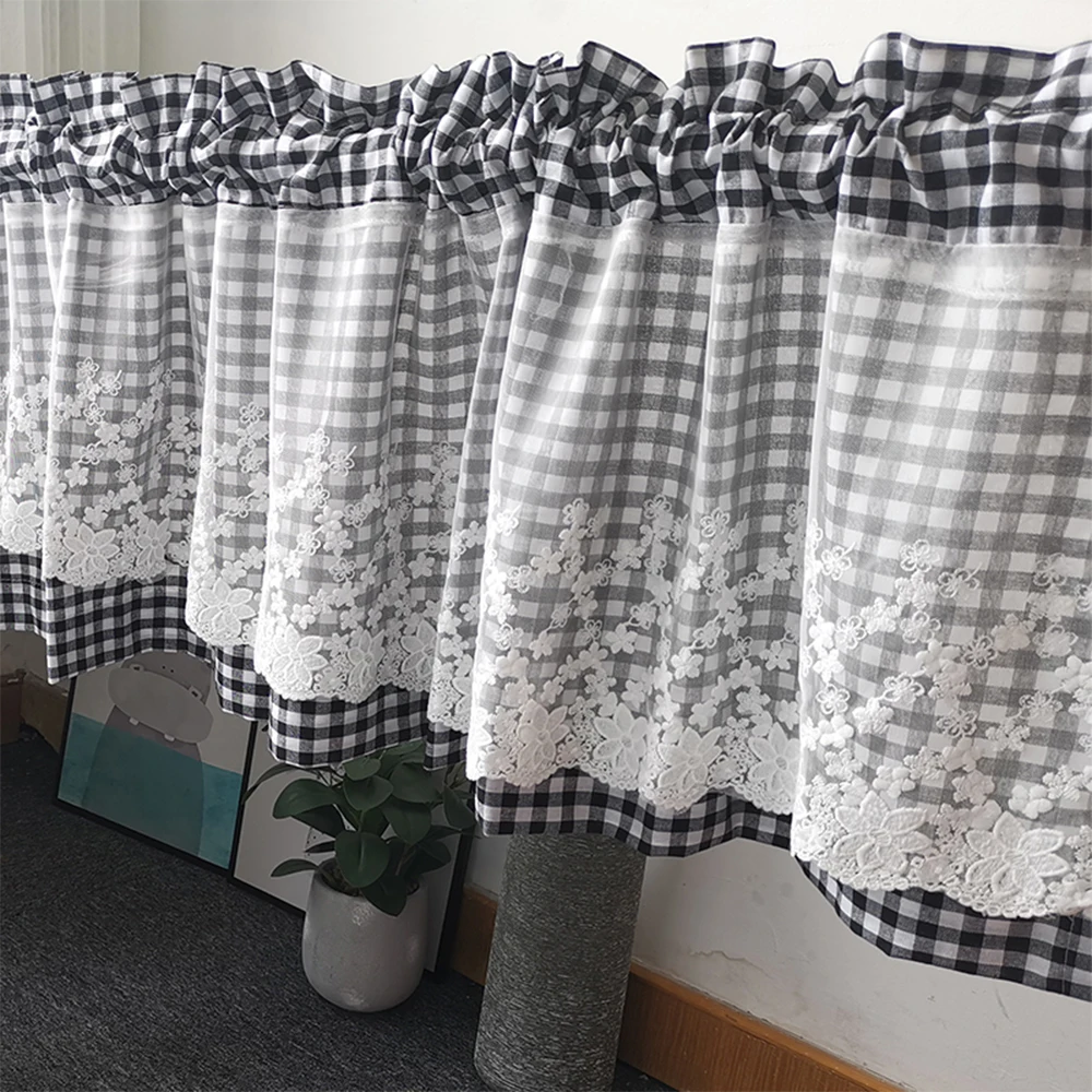 1 Piece, Pastoral Style Small Curtain, Short Curtain, Half Curtain Decoration, Plaid with Lace Tulle, Rod Pocket Installation, Suitable for Small