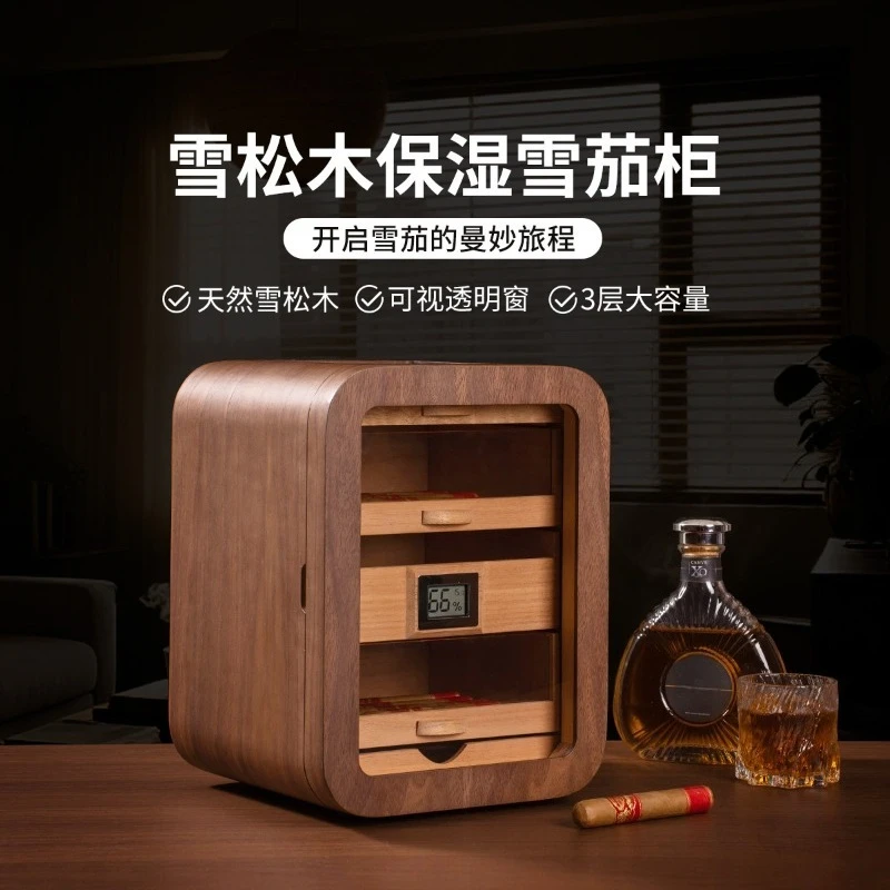 Walnut Tone Cedar Wood Cigar Humidor Cabinet Transparent Window 100‑Count Large Capacity Cigar Storage Box