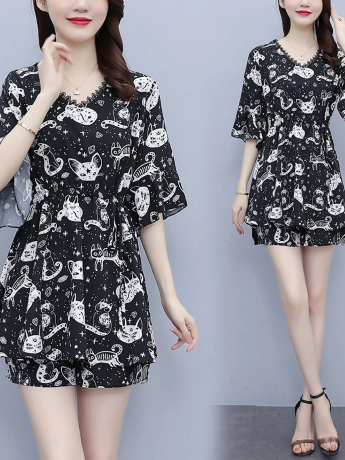 

Fashionable Summer Two-Piece Set Women's Dress Polyester Chiffon Slimming A-Line Skirt V-Neck Short Sleeve Print Wrap Belt