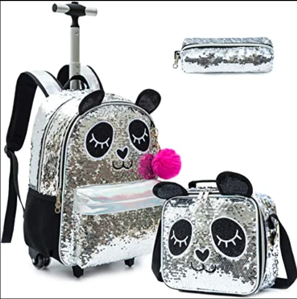 Kids Travel Bags 3PCS Lunch Bag Pen Bag Set Panda School Kids Rolling Backpack for Girls With Wheels Trolley Wheeled Backpacks