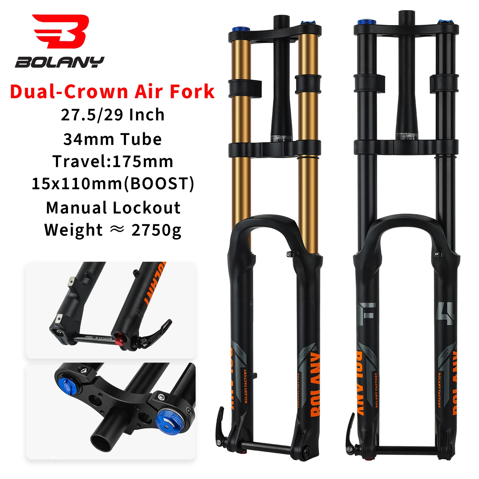 Bolany 27,5/29 pulgadas doble hombro ajuste de rebote MTB bicicleta de montaña horquilla de aire horquilla de refuerzo eje pasante 180mm viaje DH AM bicicleta