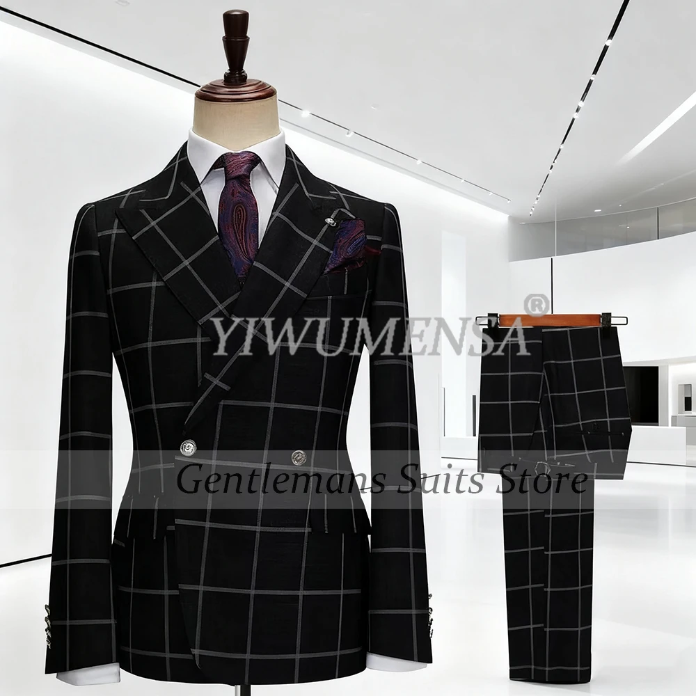 

Classic Check Plaid Men Suits 2 Pieces Sets Peak Lapel Business Party Costume Homme Wedding Groom Tuxedos Jacket Pants Customize