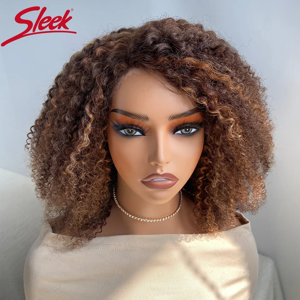 

Sleek Curly Human Hair Wigs For Women P4/30/27 Highlight Remy Brazilian Hair Wigs 12 Inch Short Afro Kinky Curly Lace Wigs