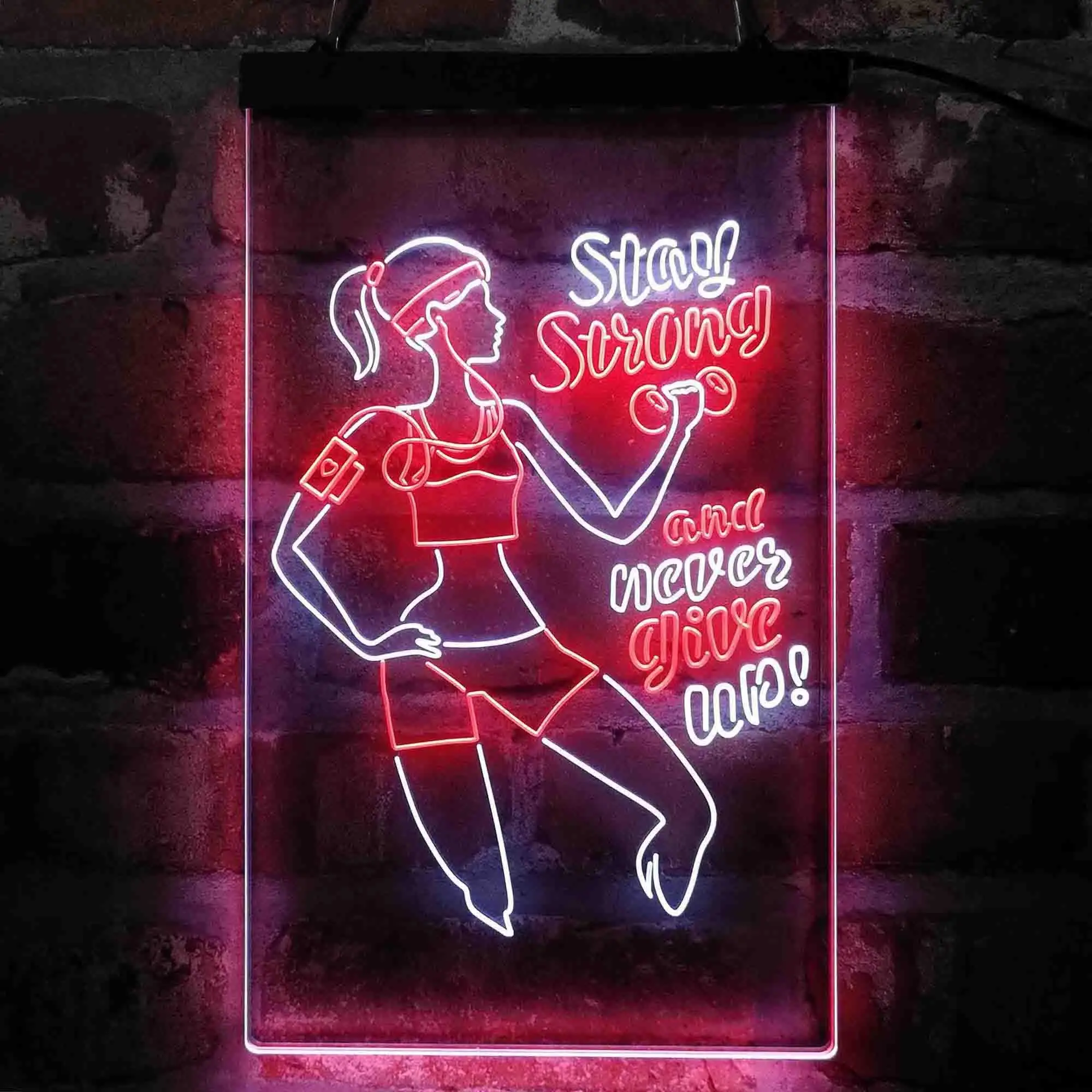 Women Gym Stay Strong Never Give Up Fitness Center Dual-color LED Neon Sign st6-i4086