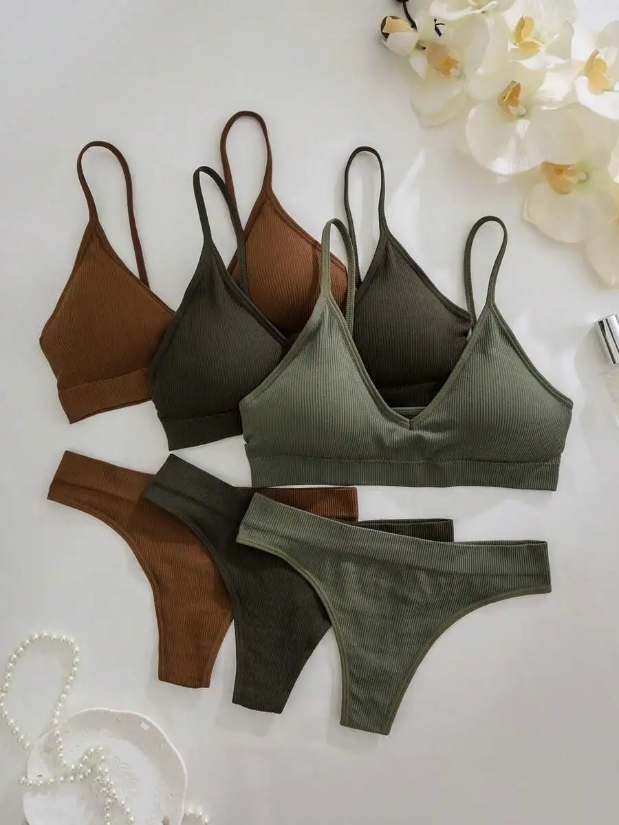 

6-Piece Seamless Wireless Bralette & Thong Set in Earth Tones