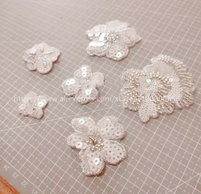 30Pcs = 1Set.Silver Beaded Sequin Flowers Patch for Children's Dress and Wedding Dress,Sewing Applique, 6 Designs, High Quality