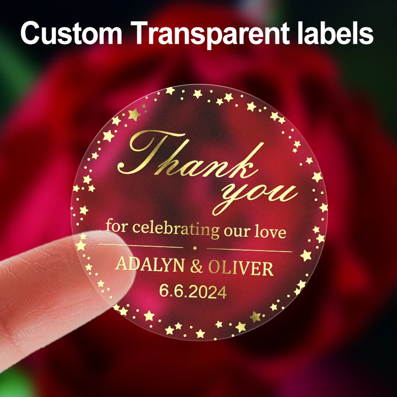 

Custom Gold Transparent Stickers - Waterproof Adhesive Labels for Wedding Decor, Party Supplies, Gift Tags - Personalized Design