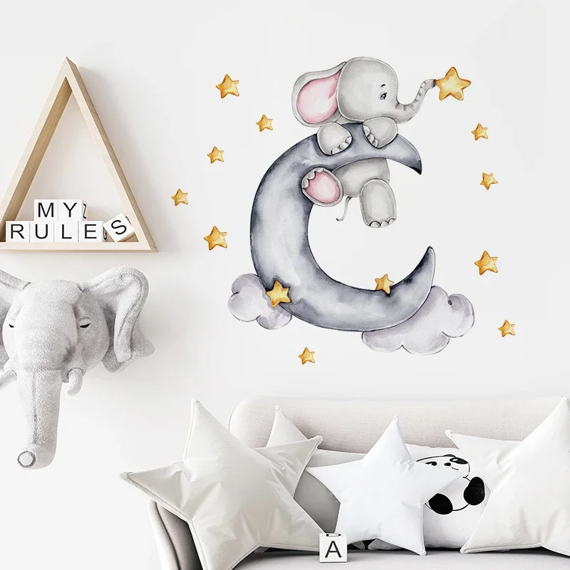 Cartoon Grey Baby Elephant Moon Gold Stars Wall Stickers for Kids Room Decor Nurserry Wall Decals Girl Boy Room Decorative