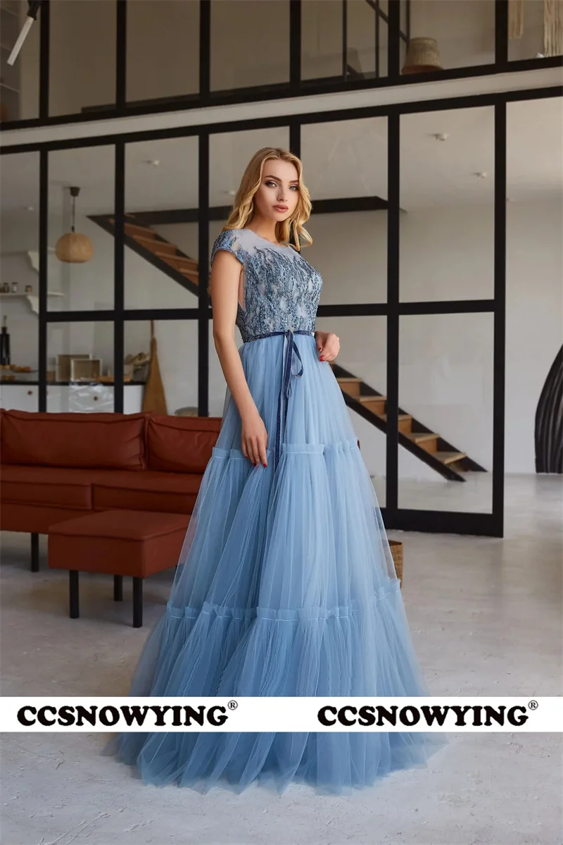 

Tulle Appliques Beaded Prom Dresses Scoop Neck Short Sleeve Evening Dress A Line Formal Party Gown Robes De Soirée