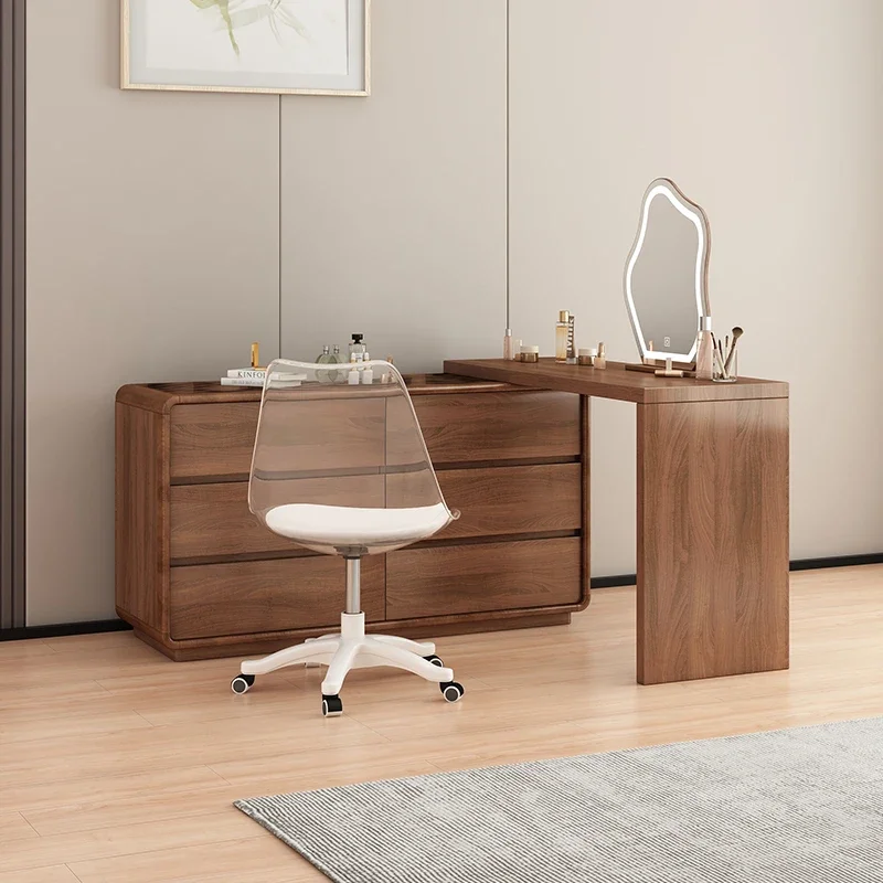 Solid wood modern farmhouse dresser with collapsible design with lighted mirror in retro brown finish for modern bedroom furn