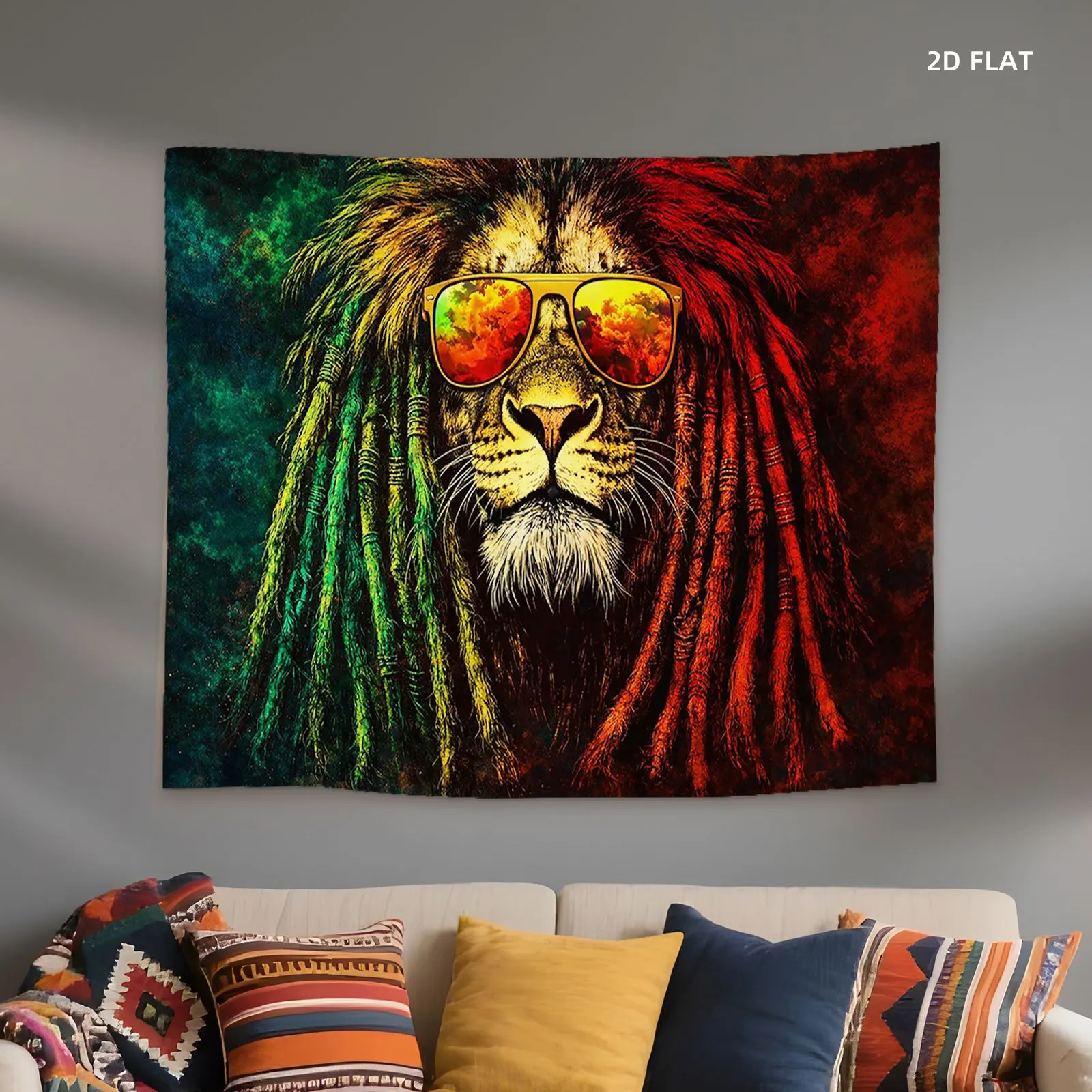 Rasta Lion Dreadlocks Sunglasses Tapestry, Reggae Music Art Wall Hanging, Cool Decor for Bedroom Living Room Dorm Background