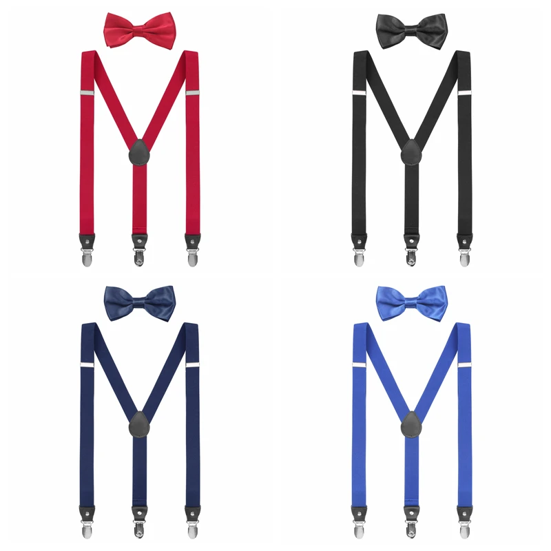 Plain Color Adult Suspenders and Bowtie Set Heavy Duty Clip-On Women Mens Suspenders for Pant Wedding Party Red Black YiA1013