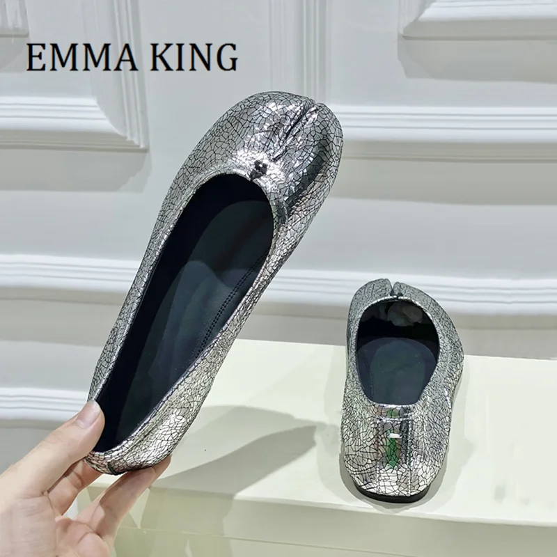 

Women Silver Broken Mirror Leather Flat Shoes Female Slip On Tabi Ballerina Flats Spit Toe Leisure Loafers Ladies Party Shoes