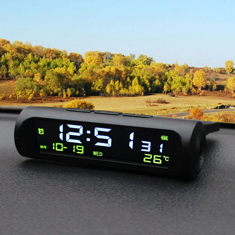Solar Car Digital Clock Date Week Thermometer Fatigue Driving Reminder Analog Anti-Theft Flashing Light LCD Luminous Display