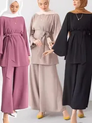 Eid Muslim Two Piece Set Islam Women Lace Up Shirt Wide Leg Pants Suits Ramadan Turkey Outfits Modest Morocco Abayas Ensembles