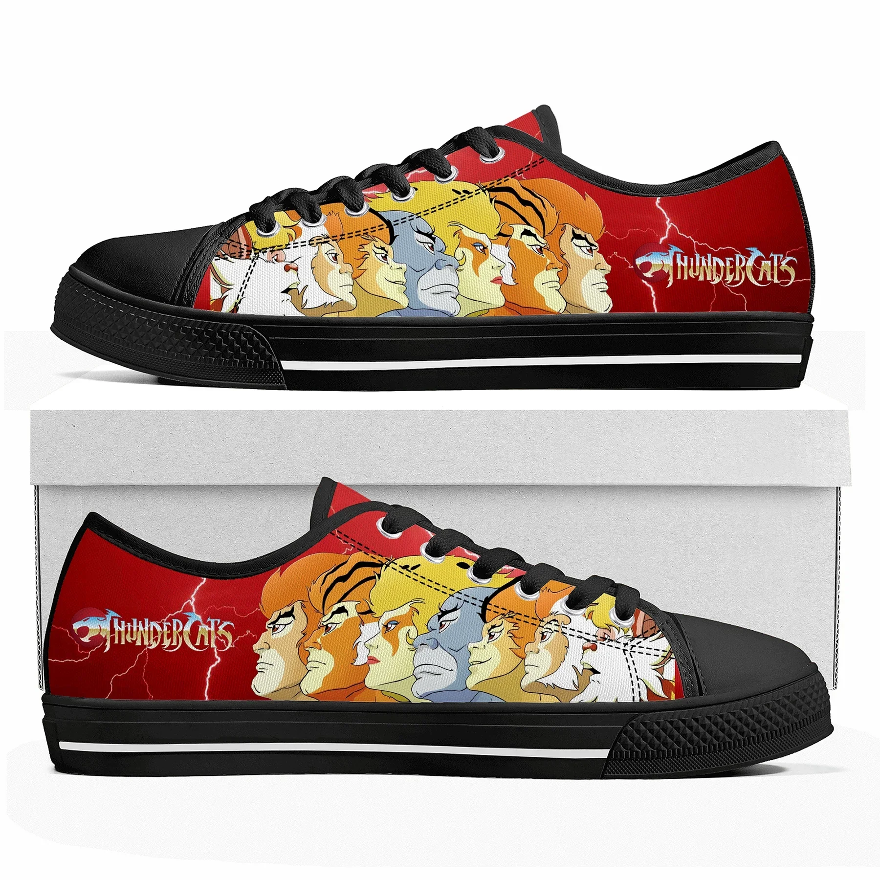 Homens e mulheres Thundercats Cartoon Manga Low Top Sneakers, Teenager Couple Shoes, Custom Black Canvas Sneaker, alta qualidade