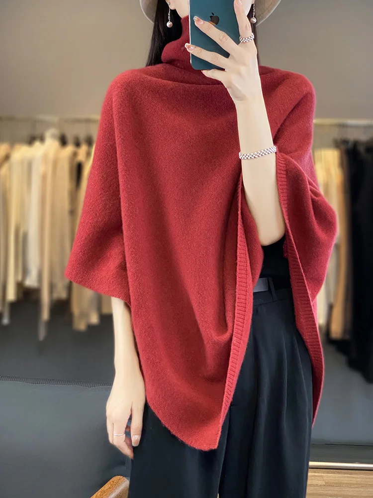 

New Chic Women Wool Sweater Shawl Heap Collar Pullover 100% Merino Wool Knitwear Autumn Winter Cashmere Soft Simple Cloak Shawl