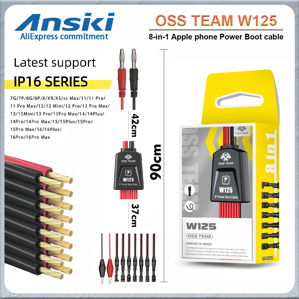 

OSS W125 Power Boot Cable Support for iPhone7/8/X/11/12/13/14/15/16PM Series Soft Silicone Power Booting Repair startup Cable
