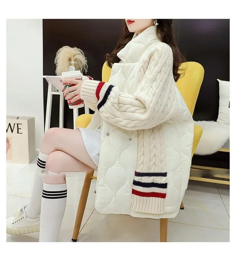 Lockeres Temperament und Abnehmen 2025, neue kleine blaue Baumwolljacke, gespleißter Pullover für dicke Oberbekleidung für Damen im Herbst und Winter