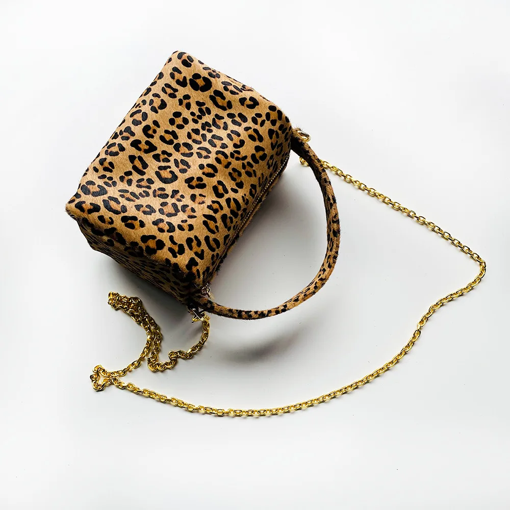 100% Horsehair box bag Wild leopard print single shoulder crossbody bag for women 2024 new winter woolen bag