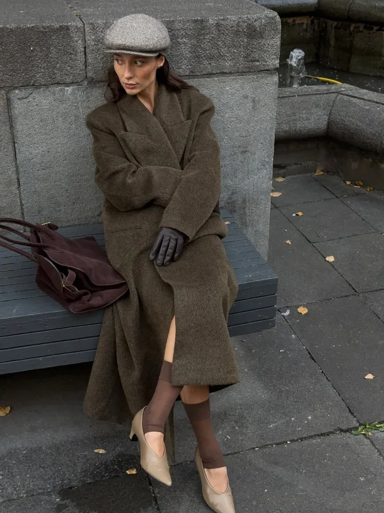 

Elegant Women Solid Wool Overcoat Fashion Lapel Long Sleeve Loose Shoulder Pad Coat 2025 Autumn Winter Lady Commuter Outwear