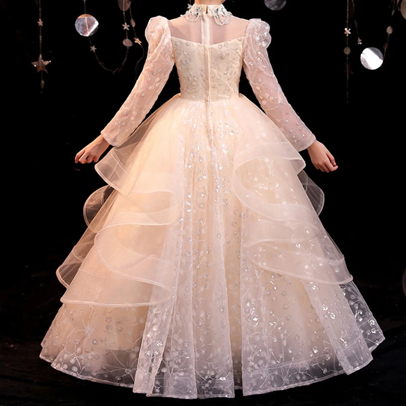 Girls Princess Bridesmaid Dress Kids Long Sleeves Wedding Birthday Party Host Evening Dresses for 4-14 Children Fashion Clothes