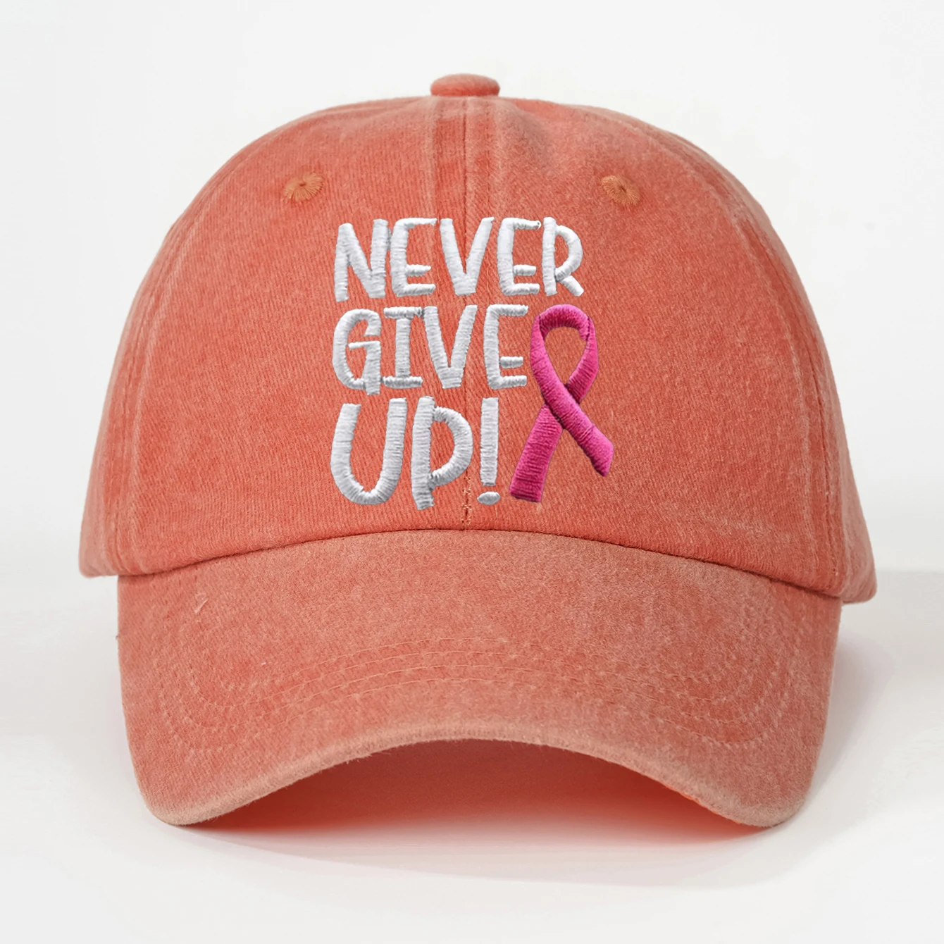 Pink Ribbon Embroidery Baseball Cap Never Give Up Breast Cancer Awareness Dad Hats Washed Distressed Adjustable Sun Hat ForWomen