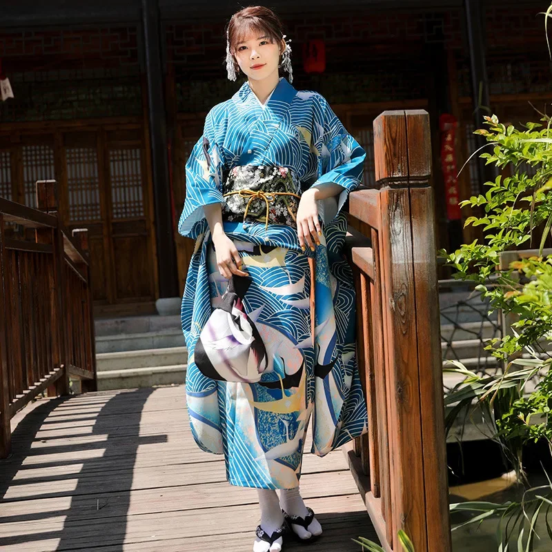 

Vintage Japanese Traditional Costume Crane Print Yukata Kimono with Obi Clogs 5pcs Women's Clothing Geisha Kimono Stage Dress